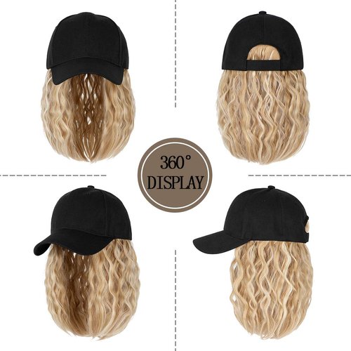 Qlenkay Baseball Cap with Hair Extensions 14inch Wavy Curly Bob Hairstyle Adjustable Wig Hat Attached Synthetic Hairpiece for Woman Baby Blonde Mix Bleach Blonde