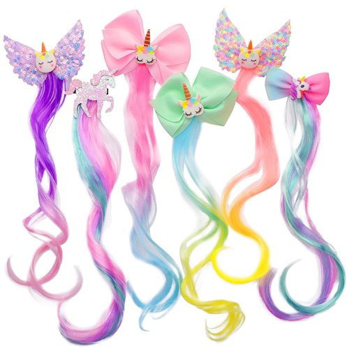 Ideal Swan 6 Set Unicorn Hair Extensions Clip - Colorful Curly Hair Extensions for Girls, Cute Un...