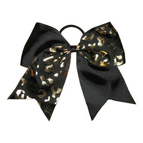 NEW "GOLD CHEETAH Black" Tick Tock Cheer Bow Pony Tail 7 Inch Girls Cheerleading Dance Practice Football Games Elastic Competition Grosgrain Ribbon