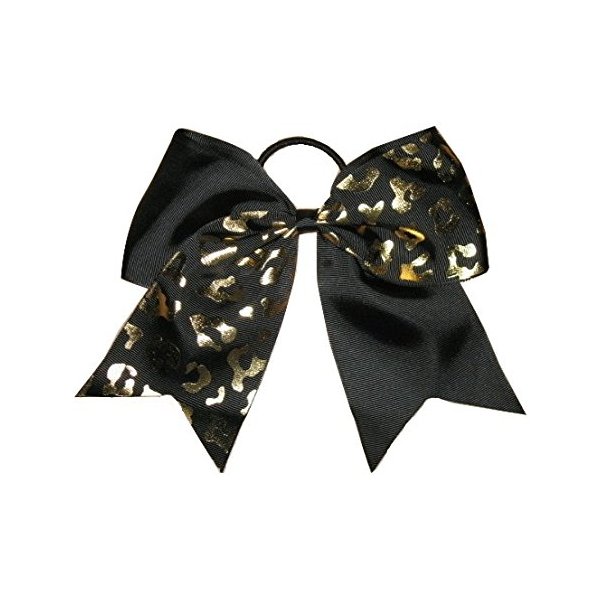 NEW "GOLD CHEETAH Black" Tick Tock Cheer Bow Pony Tail 7 Inch Girls Cheerleading Dance Practice Football Games Elastic Competition Grosgrain Ribbon