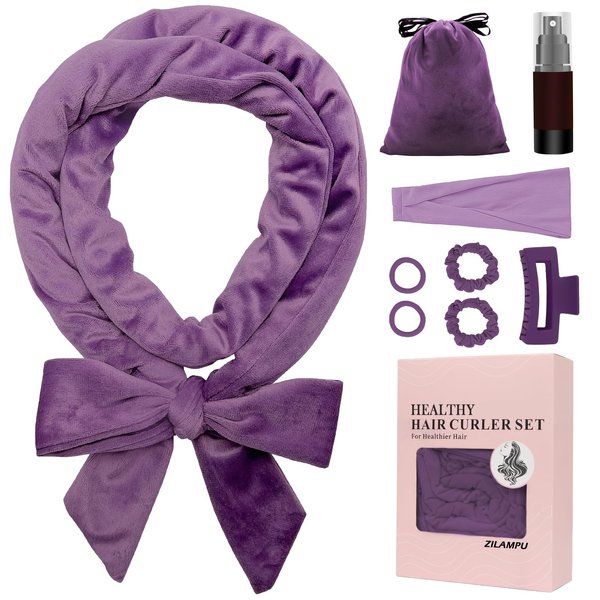 ZILAMPU No Heat Curling Rod Headband, Non Heat Overnight Hair Curler Headband, 70" Long Velour Lazy Hair Curls Roller Wrap for Women Girls Long Hair, Hair Curlers to Sleep In -Purple