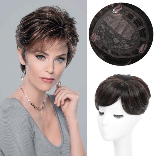 Ukithairtinsel Hair Toppers for Women, Fluffy Toppers Hair Pieces for Women with Thinning Hair 360° 3D Cover Short Curly with Pixie Cut Bangs Hair Clip (Dark Roasted Coffee Mixed With Caramel Brown)
