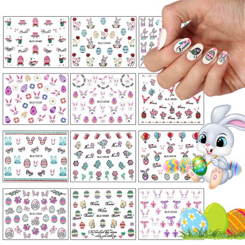 EBANKU Easter Nail Sticker Decals, 12 Sheets 3D Easter Eggs Rabbits Chick Self-Adhesive Stickers for Women Girls Kids Holiday DIY Nail Art Decorations Supplies