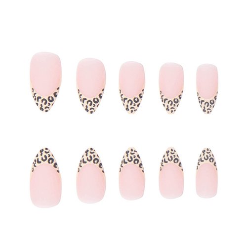 Kamize French Press on Nails Almond Leopard Print Fake Medium Nails Design Acrylic Full Cover Nude False Nails for Women and Girls 24PCS