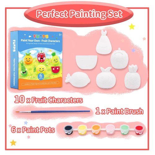 Funto Paint Your Own Fruits Painting Kit, 13 PCS Crafts Set for Kids, STEAM Project Creative Activity DIY Toys with 6 Figurines, 6 Paint Pots, 1 Brush