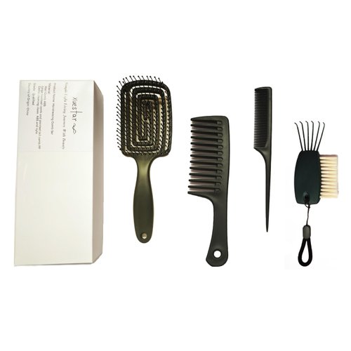 XueStar 4Pcs Hair Comb Set,Hair Brush Set,Detangling Paddle Brush, Wide Toothed Comb,Cleaning Tool,For Women And Men,For Various Hair Types,Curly Straight Long Short Dry Wet Hair(Black)