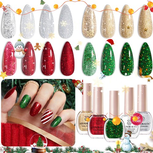 AZUREBEAUTY Nail Polish Set, 4 Colors Christmas Glitter Red Green Gold Silver Quick Dry Natural Vegan Nail Lacquer Strengthening Treatment Kit with Top Coat DIY Salon at Home