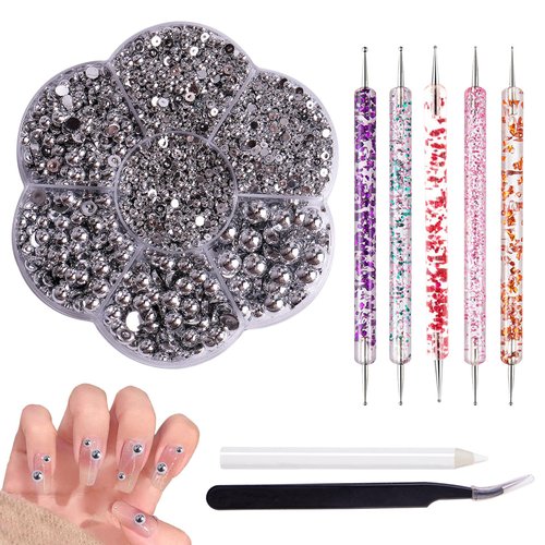 GOGIFTGO Face Gems White Rhinestones, 5606PCS Nail Art Flat Back Half Round Pearl Crafts, and DIY Projects - Perfect for Home DIY Nails Body Face Craft and Salon Use.(Silver)…