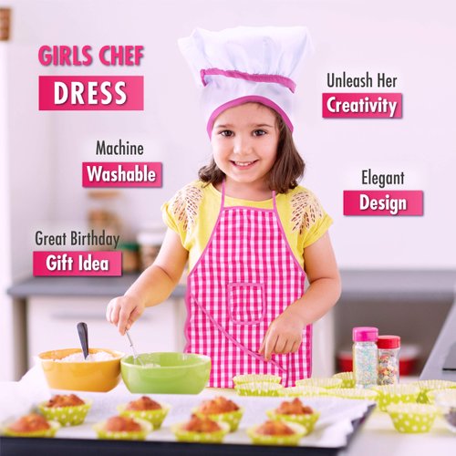 Lolo Toys Kids Baking Set Cooking Apron - 13 Piece Children Kitchen Bake Playset Accessories for Girls Includes Chef Hat, Apron, Cupcake Mold, Measuring Spoons, Oven Glove, Mitt, Play Whisk Spoon