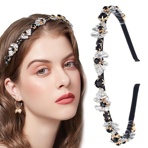 Coridy Black Rhinestone Headband Thin Hair Band sliver Leaf Head Hoop Ancient Women Hair Accessories for Daily