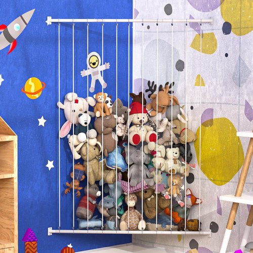 YKDIRECT 300L Stuffed Animal Organizer Wall Mounted with Net Plush Toy Storage Organizer Toy Storage Rack, Made of Metal Frame and Elastic Cord, Space Adjustable Design, Functional and Durable (Black)