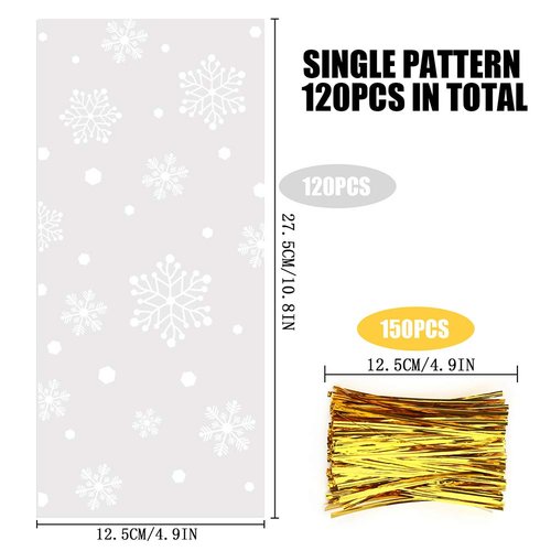 CCINEE Snowflake Treat Bag,Christmas Cellophane Bag with Twist Ties Candy Cookie Bags for Party Supplies,120PCS