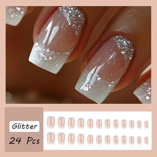 24pcs French Tip Press on Nails Medium Length White French Tip Fake Nails with Glitter Designs Glossy False Nails Glue on Nails Full Cover Artificial Nails Supplies for Women Girls Nail Decoration
