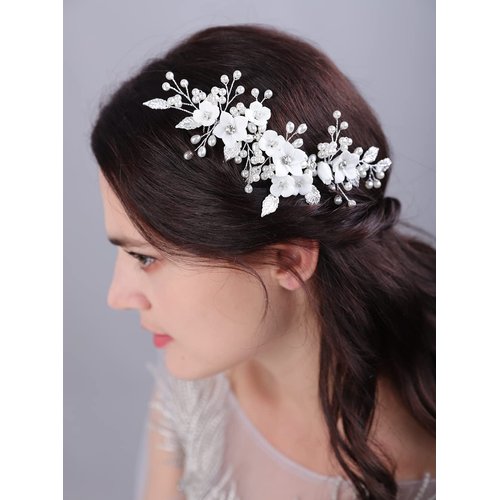 JWICOS Bride Pearl Wedding Hair Comb Flower Wedding Headpiece for Bride Pearl Hair Accessories for Women and Girls