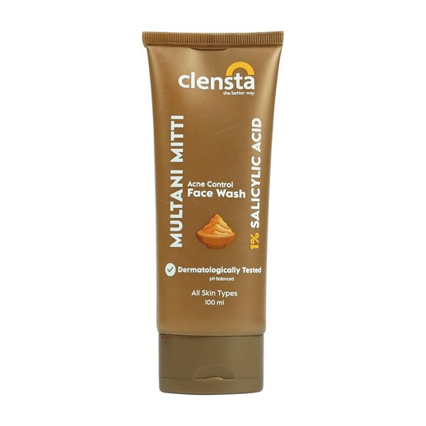 Clensta Multani Mitti Acne Control Face Wash | 3.38 Fl Oz (100ml) | Exfoliate & Clear Clogged Pores with Salicylic Acid | Purifying & Gentle Facial Cleanser