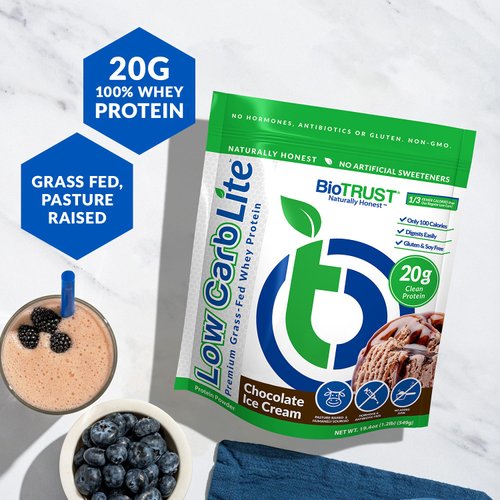 BioTrust Low Carb Lite, 20 Grams of Grass-Fed Whey Protein Isolate, 100 Calories, ProHydrolase Digestive Enzymes, Non-GMO, Free from Soy and Gluten, rBGH-Free (14 Servings) (Chocolate Ice Cream)