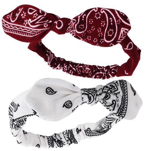 Dimeho Boho Bow Headbands for Women, 2 Pcs Retro Paisley Bandana Flower Print Headband Cute Rabbits Ear Head Wraps for Women’s Hair Non Slip Knotted Hairbands Turban Hair Bandanas (Red/White)