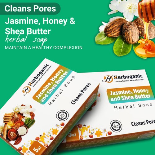HERBOGANIC Jasmine, Honey and Shea Butter Herbal Soap | Natural Bar Soap for Cleansing Pores | Clarifying and Nourishing | Gentle for Men and Women | 5 Oz (Pack of 1)