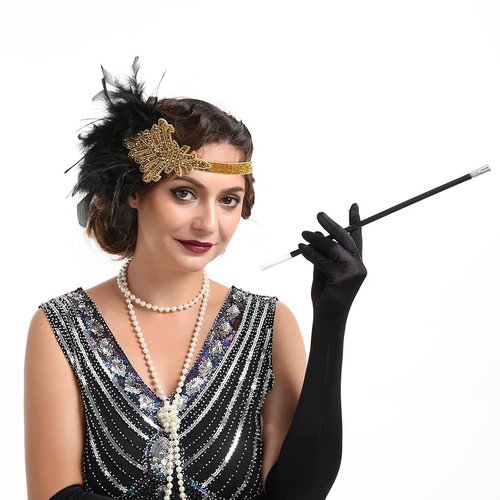 Bubbmi 1920s Flapper Headband Peacock Feather Headpiece, Great Gatsby Headband Costume Accessories for Women Showgirl Parties (BQ017black-gold)