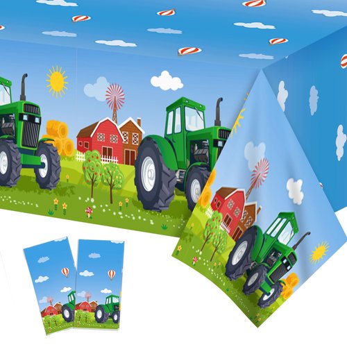 2 Pcs Tractor Party Tablecloths Green Tractor Table Cover for Tractor Birthday Party Decorations Tractor Time Party Table Cover Rectangular Tabecloth for Farm Themed Birthday Party Supplies, 54x87In