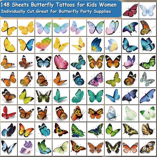 CHARLENT 148 Individually Sheets Butterfly Temporary Tattoos for Girls Women - 3D Realistic Butterfly Tattoos for Kids Birthday Party Favors Goodie Bag Fillers