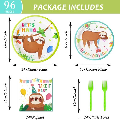 96 Pcs Sloth Animal Party Supplies Sloth Birthday Party Tableware Set Sloth Hanging Decorations Kids Sloth Themed Baby Shower Birthday party Paper Plate Napkin Fork 24 Guests