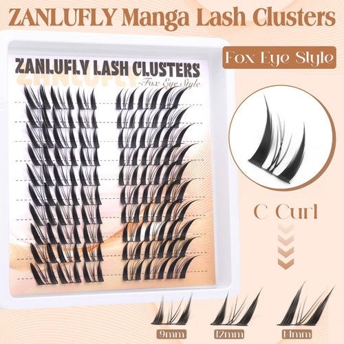 Lash Clusters Kit Fox Eye Manga Lash Extension Kit Natural Individual Lashes Kit Wispy Cat Eye DIY Eyelashes Clusters Extension Kit with Lash Bond and Seal Lash Applicator