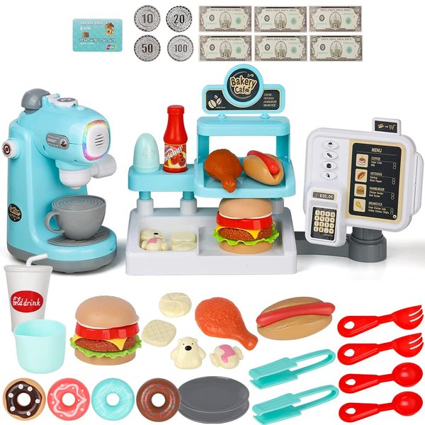 YWTC Junior Kids Maker Coffee Play Set and Donuts, for Girls and Boys Toddlers Real Mini Barista Shop with Cash Register for Kids