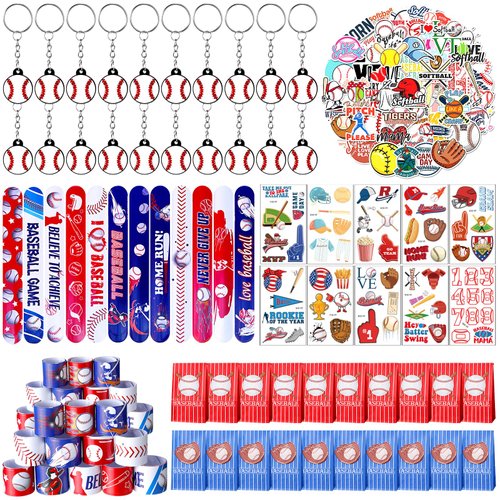 Jenaai 130 Pcs Baseball Party Favors Includes Baseballs Slap Bracelets Party Gift Bags Silicone Keychain Baseball Tattoo Baseball Stickers for Baseball Themed Sports Party Favors for Kids Students