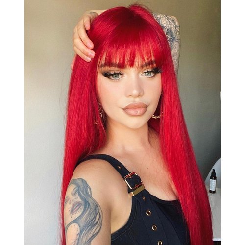 LANOVA Red Wig with Bangs, Synthetic Red Wigs for Women, Natural Straight Cosplay Red Wig with Fringe, Bright Red Hair Wig 20 inch LANOVA-160