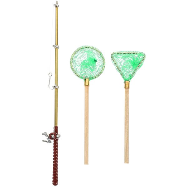 1Set of Miniature Fish Rod Fishing Net Mini House Fishing Rod Models for 1:12 Dollhouse Garden Beach Pond Accessories（Green