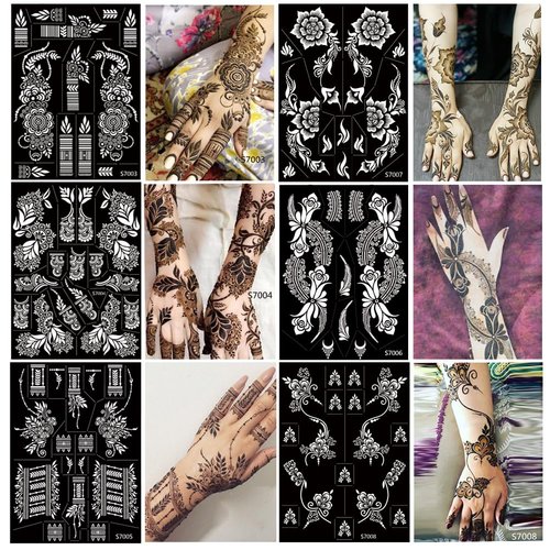 PPVWEY 10 Sheets Henna Tattoo Stencils 10 Pair Arm Hand Tattoo Template Temporary Indian Arabian Glitter Airbrush Tattoo Stickers for Face Body Paint DIY (Black)