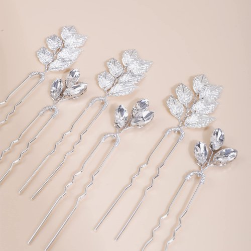 Kercisbeauty Silver Leaf Hair Pins Set (6PCS): Handmade Crystal Hair Pieces for Bohemian Weddings and Occasions