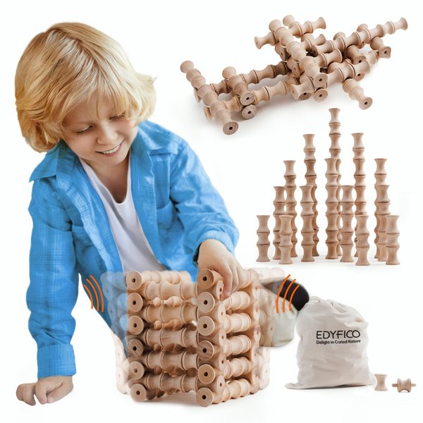 Wooden Blocks, Building Blocks for Toddlers 1-3 WAVING Building Toys, Stacking Toys for Toddlers, Montessori Toys Open Ended Toy for Kids with Parent-Child Interactive Cards & Canvas Storage Bag Age3+