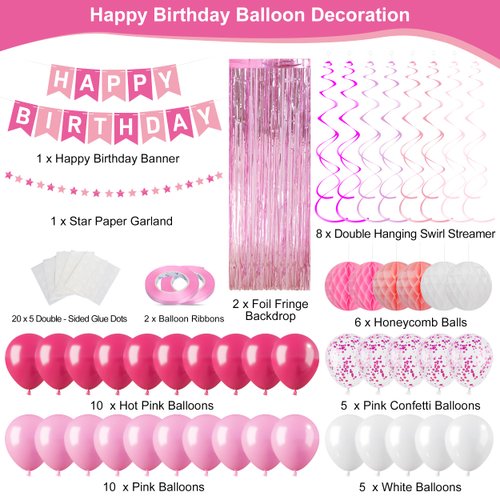 Pink Happy Birthday Party Decorations for Women Girls, Pre-Strung Happy Birthday Sign Banner, Pink Balloons, Fringe Curtain, Tissue Paper Pom Poms, Star Garland, Hanging Swirls for Birthday Party
