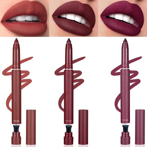 3 Colors Matt Nude Lipstick Lipliner Lip Crayons Pack Set,Velvet Moisture Smooth Matte Lipstick P...