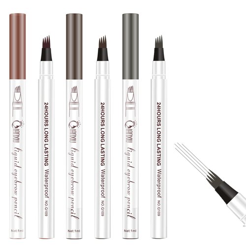 3 Pcs Eyebrow Pencil, 3 Styles Color for 4 Tip Microblade Eyebrow Pen, Liquid Eyebrow Pen, 3D Waterproof Brow Pencil with Micro-Fork Tip, Long-Lasting Natural 4 Tip Brow Pen (Brown, Chestunt, Gray)