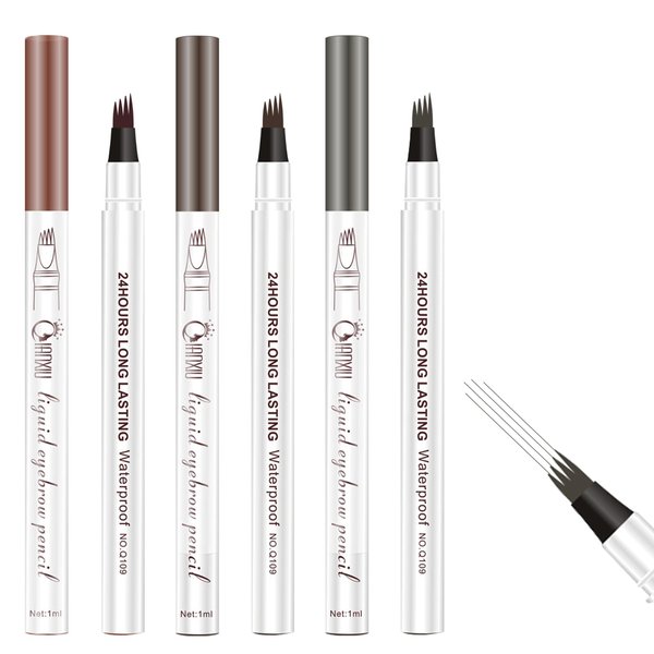 3 Pcs Eyebrow Pencil, 3 Styles Color for 4 Tip Microblade Eyebrow Pen, Liquid Eyebrow Pen, 3D Waterproof Brow Pencil with Micro-Fork Tip, Long-Lasting Natural 4 Tip Brow Pen (Brown, Chestunt, Gray)