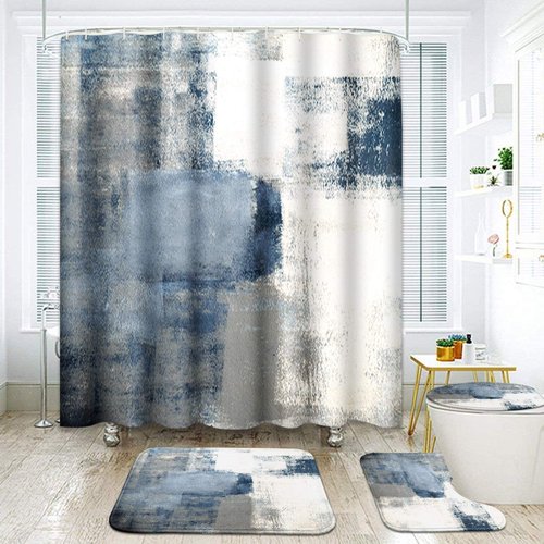 ArtSocket 4 Pcs Shower Curtain Set Navy Blue Grey Abstract Painting Gray Vintage Retro with Non-Slip Rugs Toilet Lid Cover and Bath Mat Bathroom Decor Set 72" x 72"