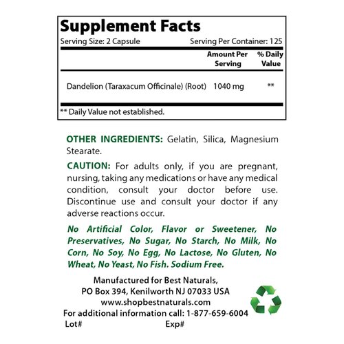 Best Naturals Dandelion Root 520 mg 250 Capsules