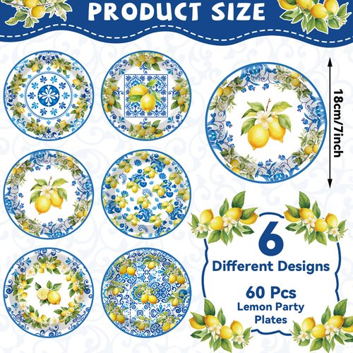 CHUNNIN 60PCS Lemon Party Paper Plates for Lemon Theme Party Decorations 7In Blue Tiles Yellow Lemon Dessert Plates Disposable Tableware Dinnerware Set for Baby Shower Birthday Party Supplies
