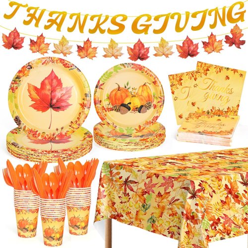 FULJOOY 178 PCS Fall Maple Leaves Dinnerware Set Thanksgiving Party Supplies Pumpkin Tableware Include Paper Plates Cups Cutlery Napkins Tablecloth Autumn Harvest Disposable Dinnerware, Serve 25