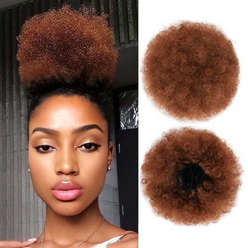 nevermindyrhead Ginger Brown Afro Puff Drawstring Ponytail Hair Extension for Black Women,Short Synthetic Afro Puff Ponytail for Natural Hair, Clip On Kinky Drawstring Curly Ponytail Bun