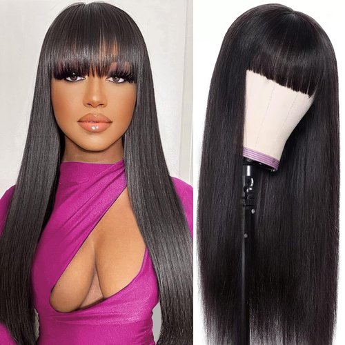 CORDELIA Glueless Wigs Human Hair with Bangs Straight Human Hair Wig with Bangs 150% Density None Lace Front Wigs for Black Women Machine Made 26inch