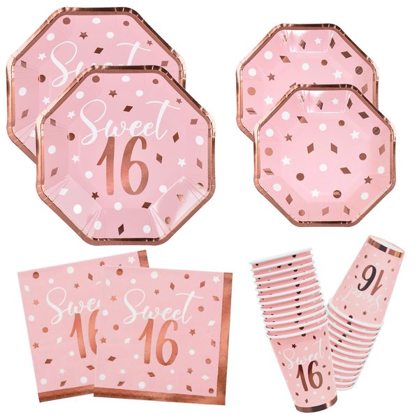 Rose Gold & Pink Sweet 16 Birthday Bundle: Party Supplies Set with paper Plates, Napkins and Cups - Sweet Sixteen Decorations, Party Favors ，Serves 16