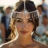 ACEDRE Rhinestone Star Head Chain Jewelry Silver Sparkly Crystal Bride Forehead Hair Chains Tassel Wedding Headpiece for Women
