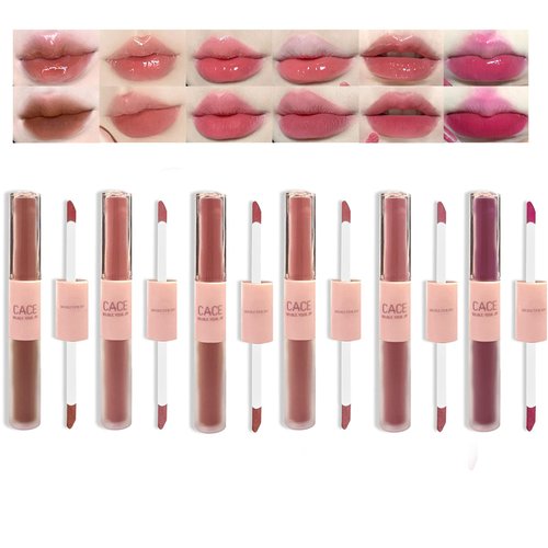 Domality 6 Colors 2 in 1 Double-end Lip Gloss Set, 6pcs Matte Velvet & Mirror Finish Liquid Lipstick, Long Lasting Waterproof Glossy Lip Glaze, Plumping Hydrating Fuller Lip Makeup Kit