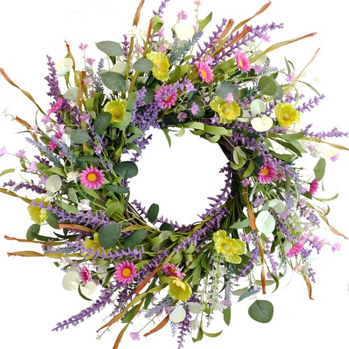 Idyllic 20 Inch Spring Summer Wild Flower Artificial Daisy Front Door Wreath, Everyday Greenery E...