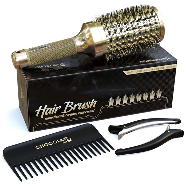 Round Hair Brush and Detangling Comb - Ionic Tech Boar Bristles Round Brush for Blow Drying Wide Tooth Comb for Wet or Dry Hair with Hair Clips Included