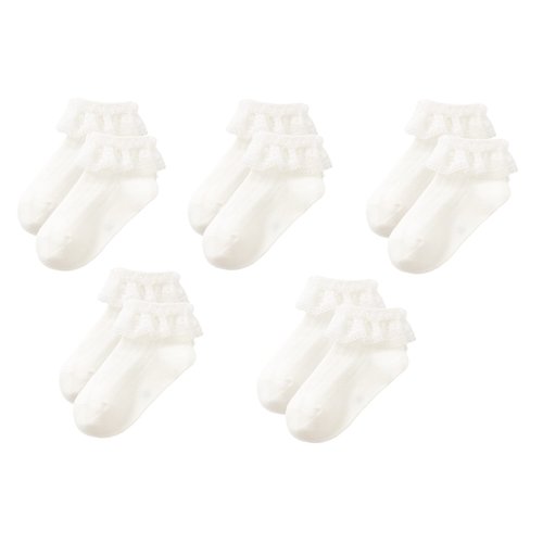 Gwenvenni Toddler Girls White Ruffle Lace Trim Cotton Socks Eyelet Frilly Dress Socks 5 -Pack, Age 3-5T